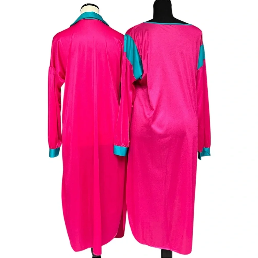 Vintage 80s Nylon Nightgown Robe Set Pink Teal Lounge Set Long Sleepwear